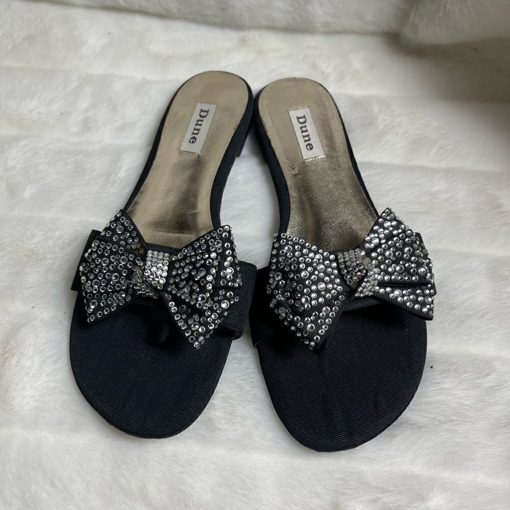 Dune black gros grain fabric thong sandals embellished rhinestones bows …